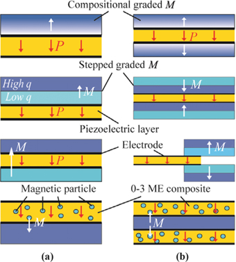 Figure 12: 
							Schematic illustration of various functionally graded magnetoelectric composites configuration: (a) asymmetric structure; (b) symmetric structure.
						