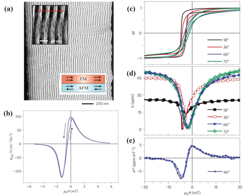 Figure 15: 
							(a) TEM image of the Fe50Co50 multilayer system on a AlN substrate and a magnified view (inset), (b) magnetoelectric voltage coefficient for the Fe70.2Co7.8Si12B10-based multilayer system with the pinning direction induced at φ= 70o, (c) normalized magnetization curves, (d) corresponding magnetostriction curves and (e) piezomagnetic coefficient of Fe50Co50 multilayer stacks on cantilever samples for selected values of the inclination angle φ (Lage et al. 2012).
						