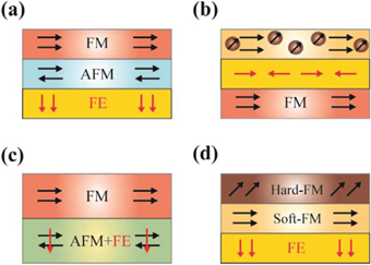 Figure 17: 
							Schematic diagram of four possible EB mediated ME composite configurations. (a) (AFM-FM)-FE; (b) (soft/hard FM)-FE; (c) FM-multiferroic (d) hard-soft-FE.
						