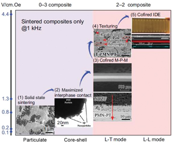 Figure 20: 
							Development of co-fired magnetoelectric composites. It shows ME voltage coefficient (αME) for different types of sintered ME composites (Yan, Zhou, and Priya 2014b).
						