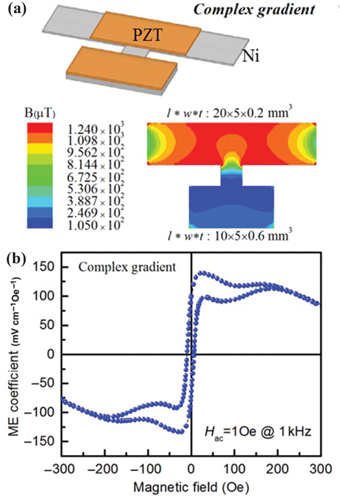 Figure 35: 
						(a) Schematic diagram and the simulated magnetic flux density distribution of geometry gradient Ni/PZT magnetoelectric composite. (b) ME voltage coefficient of the gradient composite under DC field sweep at Hac = 1 Oe at 1 kHz (Zhou and Priya 2014).
					