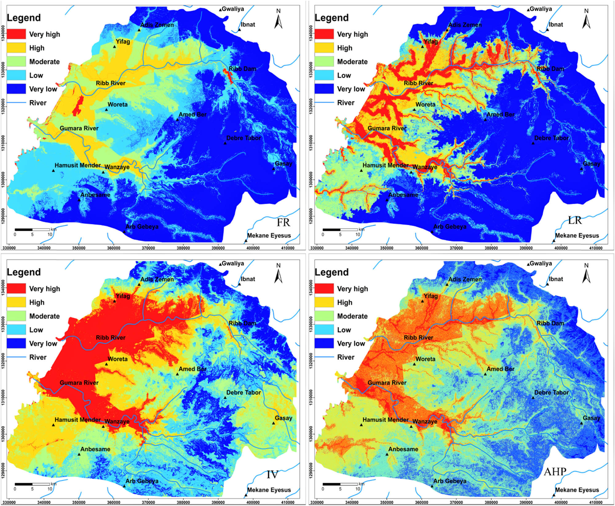 Figure 6 
                  Flood susceptibility maps of FR, IV, LR, and AHP methods (projection: WGS 1984 UTM Zone 37N). The red color represented a very high flood susceptibility area; the yellow color represented high flood susceptibility area, but green, light blue, and blue color represent moderate, low, and very low flood susceptibility areas, respectively.
               