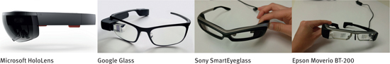 Figure 1 
              Examples of Augmented Reality Smart Glasses.
              Photo credit: Microsoft HoloLens: Microsoft Sweden on Flickr; Google Glass: Wikimedia Commons, user: Mikepanhu; Sony SmartEyeglass and Epson Moverio BT-2000: authors’ own copyright.
            