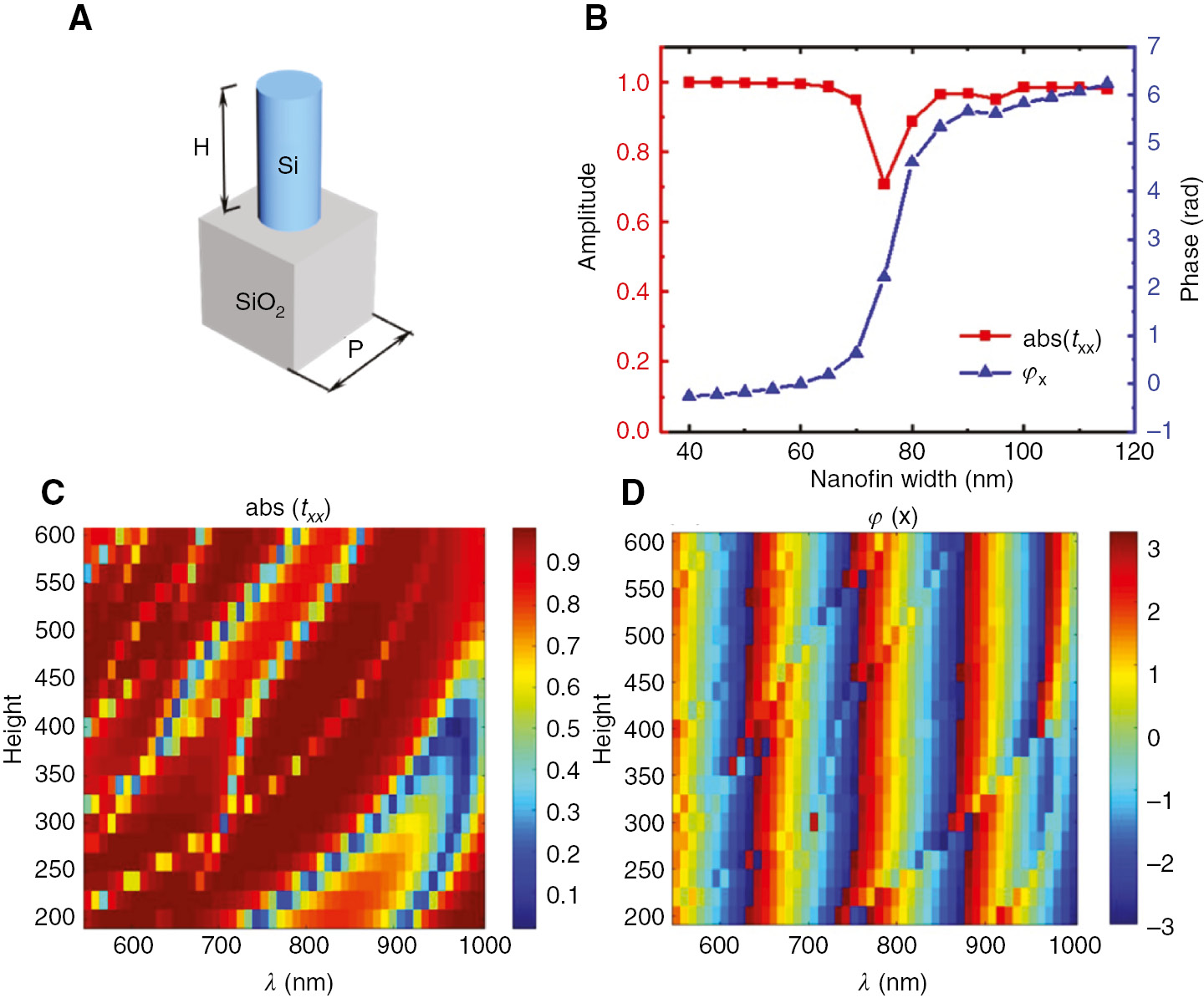 Figure 3: Simulation of the HMS.(A) The unit cell composed of cylinder nanopost above the silica substrate. (B) Parameter sweep of amplitude and phase by varying the radius of nanopost. (C, D) 2D sweep by varying the incident wavelength and height of nanopost.