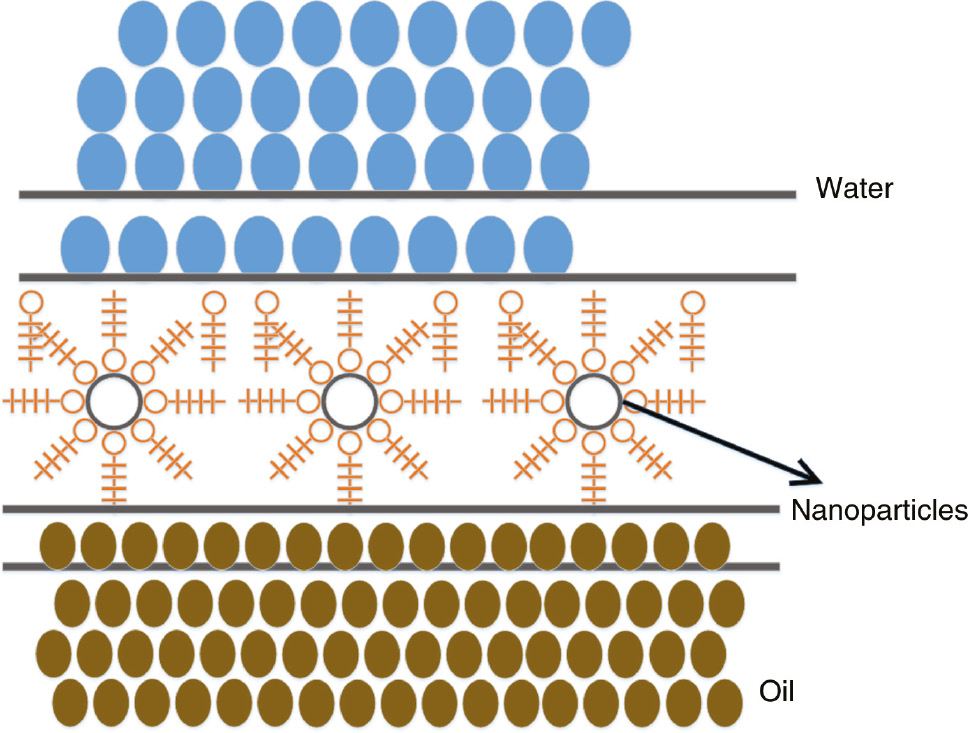 Figure 3: Simplified diagram of the NPs in the interface of oil and water [82].