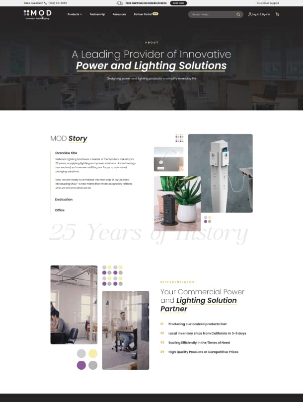 MOD National Lighting website screenshot 2