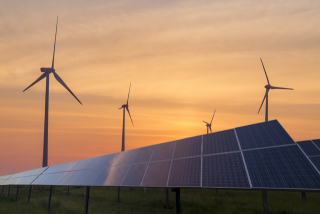 Wind turbines and Solar panels.