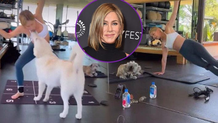 Watch Jennifer Aniston's Dog Interrupt Her Grueling Workout