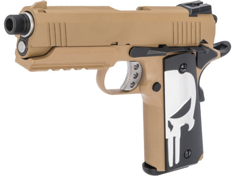 WE-Tech Custom 1911 Desert Warrior Socom 4.3 Airsoft Gas Blowback Pistol w/ Seal Skull Grips