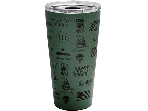 Mission First Tactical 20 oz Stainless Steel Double-Walled Tumbler Mug (Model: Collage / Green Bottle / Black Logo)