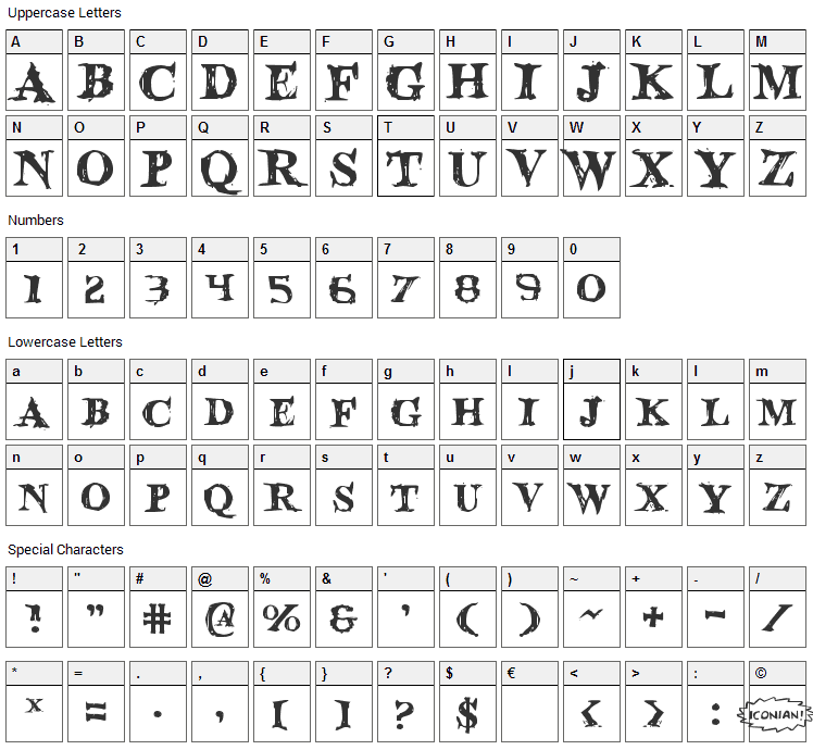 Blood Crow Font Character Map