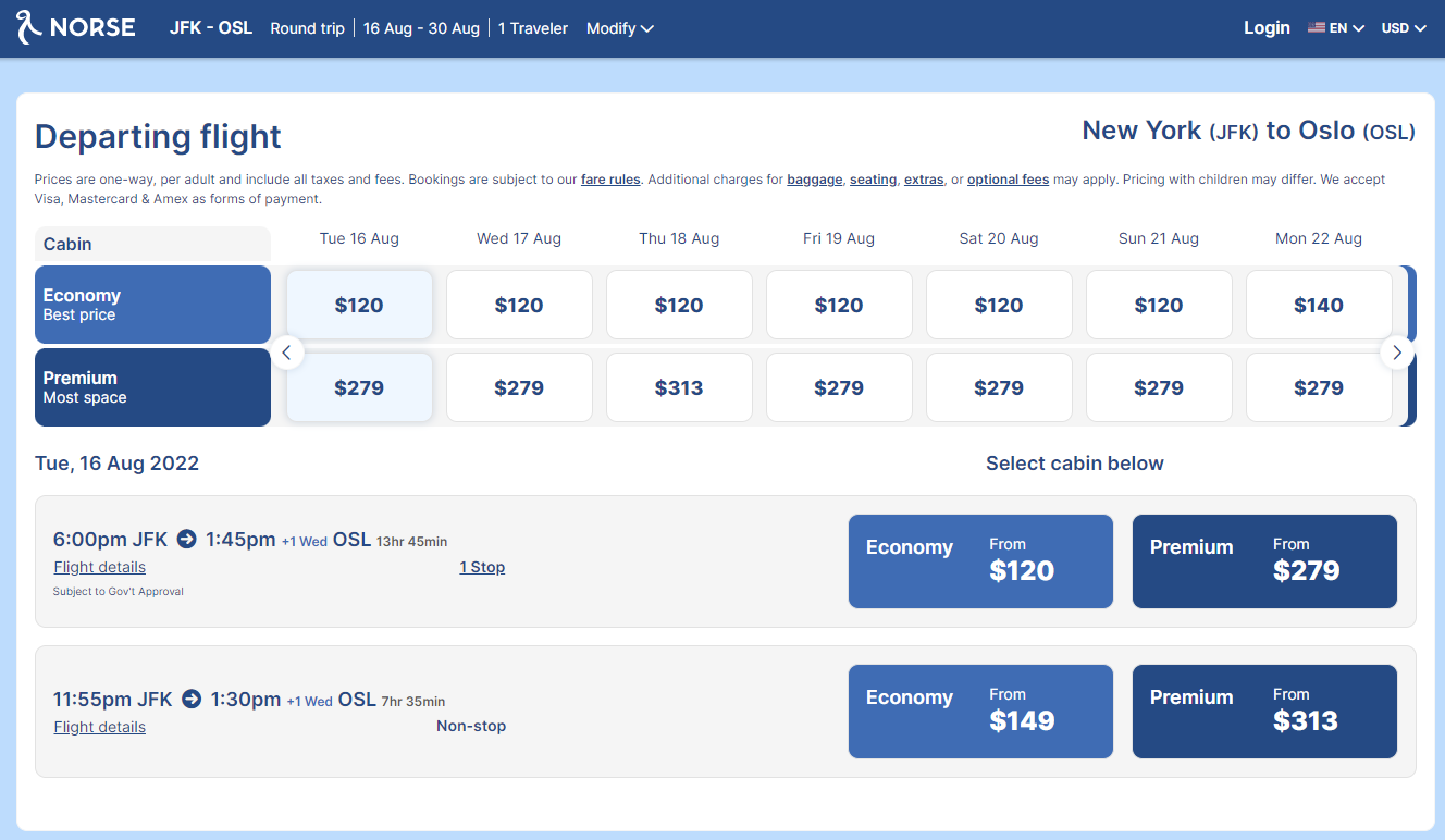 Details about booking and flying on Norse Airways.