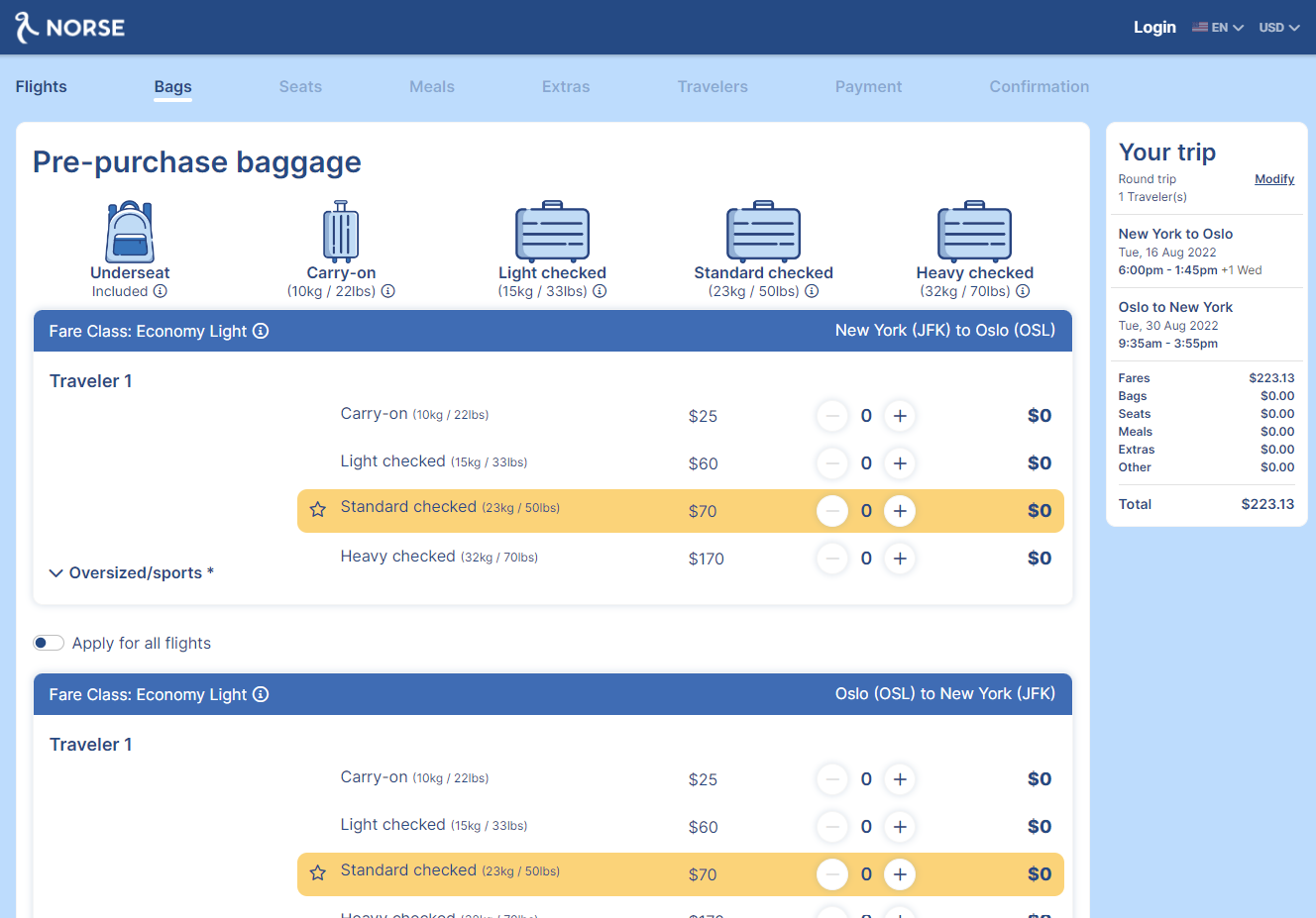 An image of pre purchased bags for Traveler 1 and their prices: Carry on for $25, Light Checked: $60, Standard Checked: $70 and Heavy Checked $170.