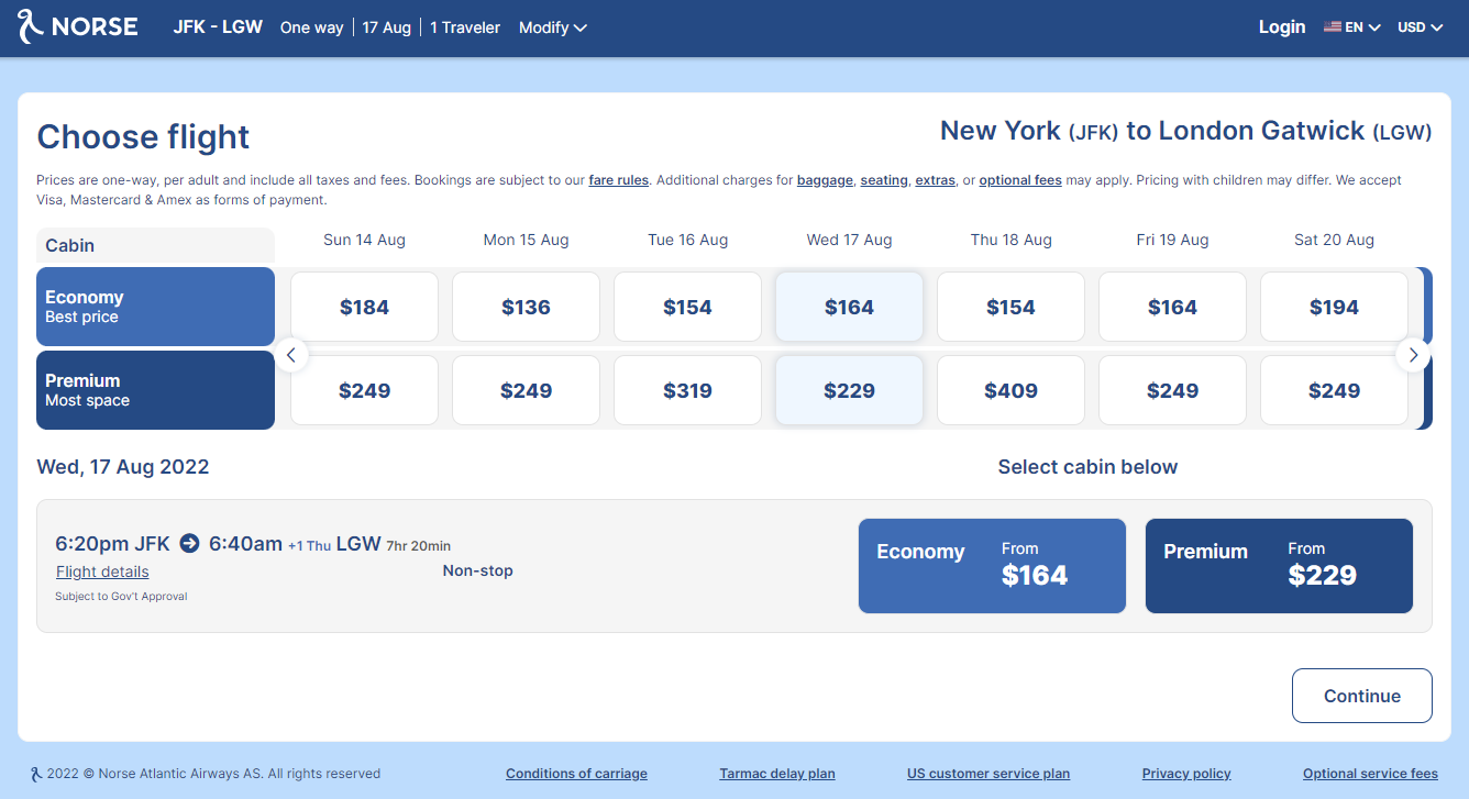 Norse Airways Cabins and Airfare Options for Economy and Premium Class.