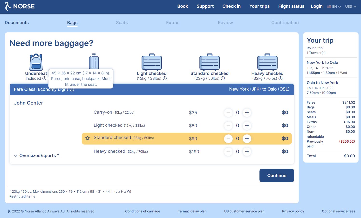 An image of pre purchased bags for John Genter and their prices: Carry on for $35, Light Checked: $80, Standard Checked: $90 and Heavy Checked $190.