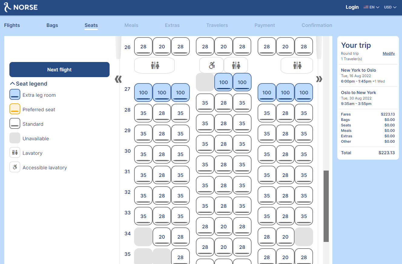 An image of the Norse Airways Seat Chart with Seat Legends such as extra leg room, preferred seat, and standard.