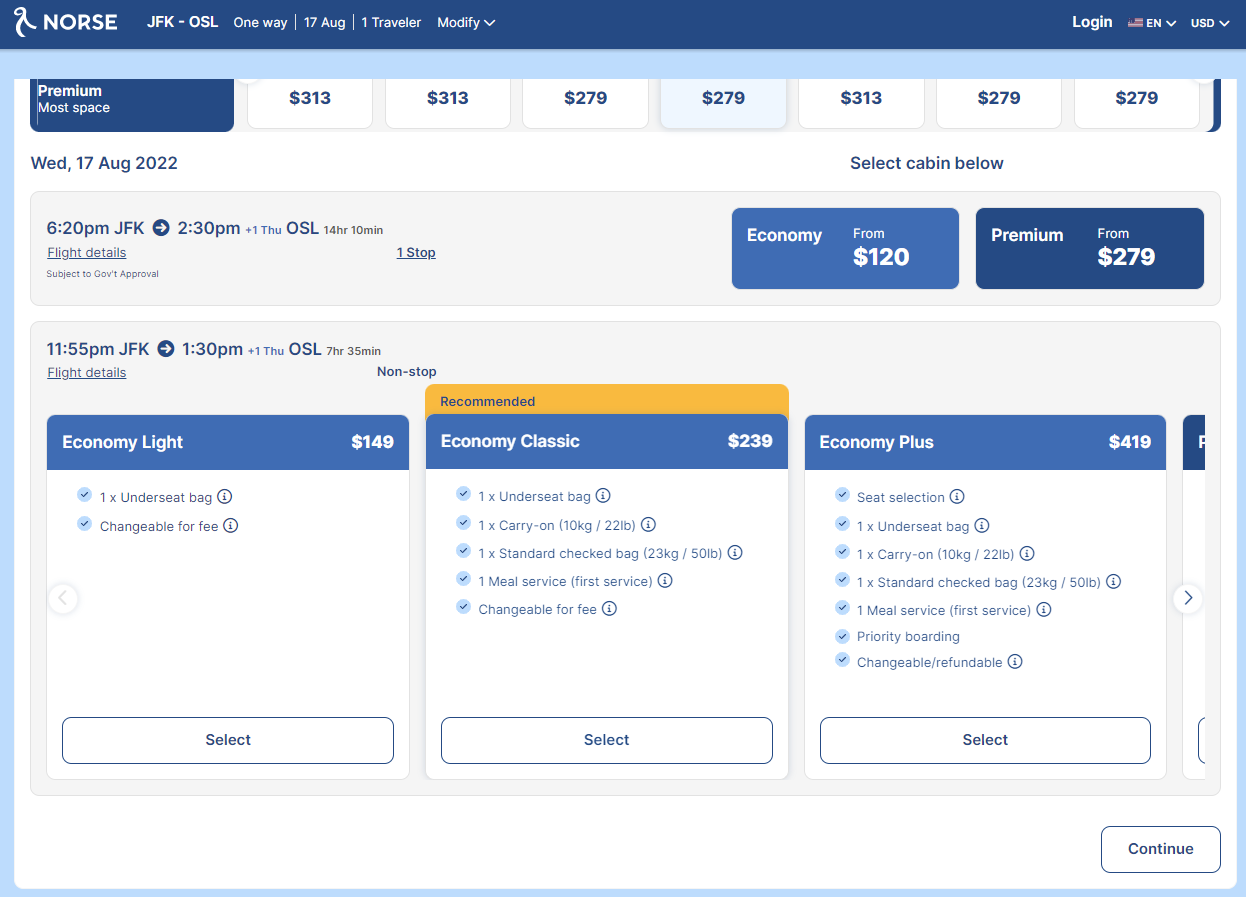 Norse Airways offers three types of Premium fares for passengers sitting in the cabin: Economy light, classic and plus. Economy Class is recommended.