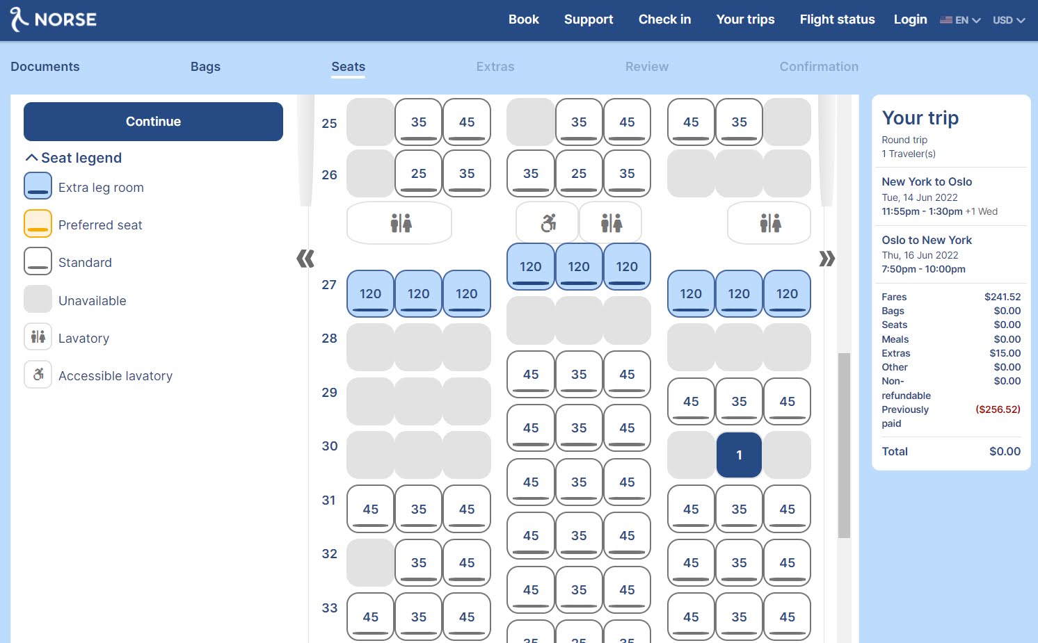 A representation of the Norse Airways Seat Chart and its availability.