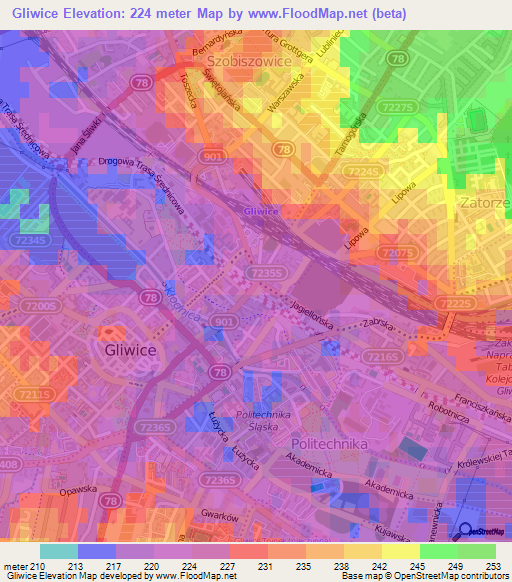 Gliwice,Poland Elevation Map