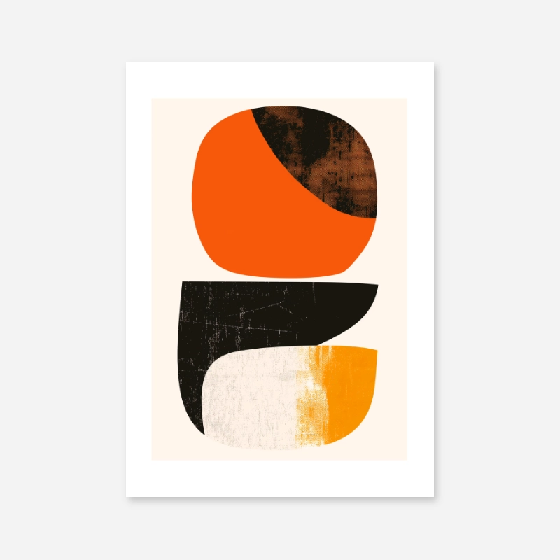 Minimalist art print with abstract bold shapes in shades of orange and contrasting black