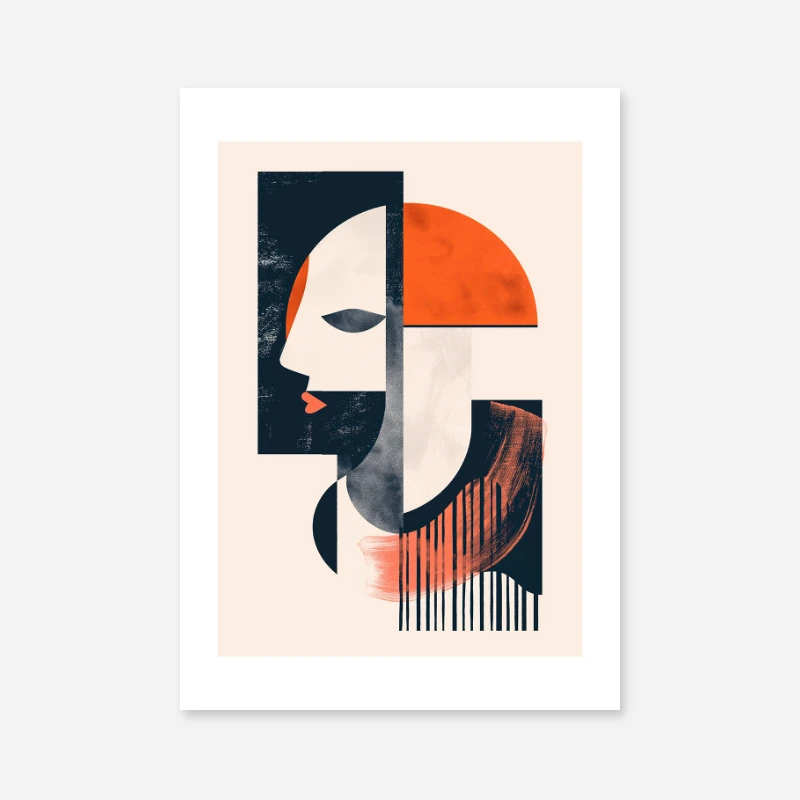 Boho head red lip abstract shapes free art print in red orange and navy