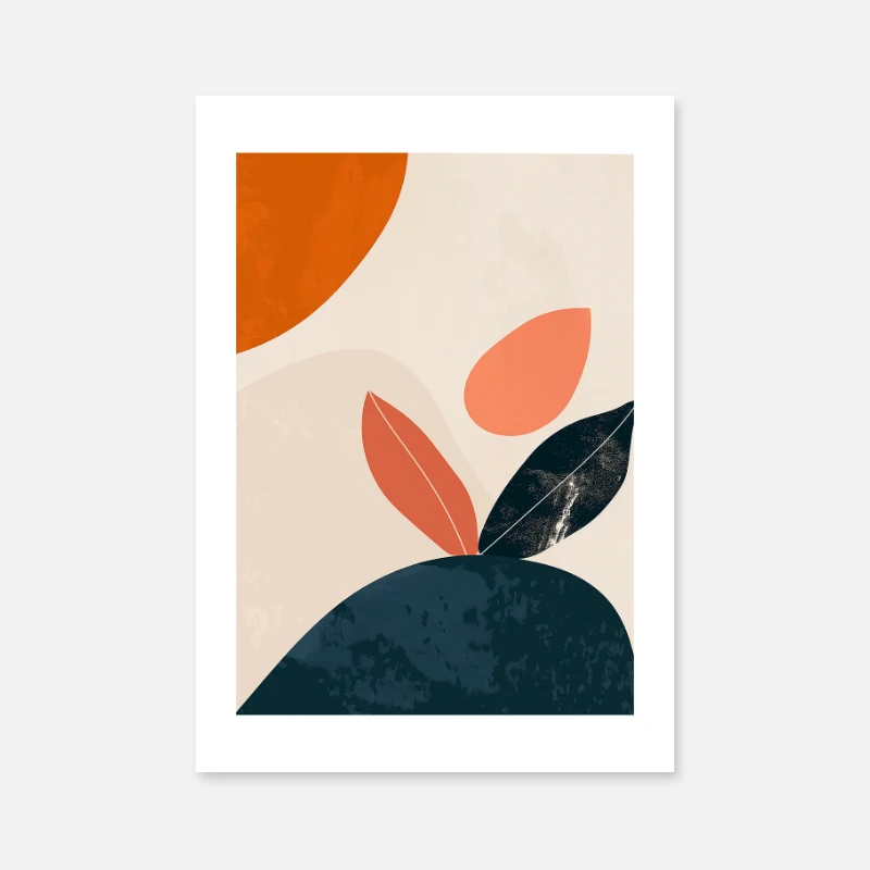 Abstract minimalist art print with leaves in off blue greyish hues and orange salmon colours