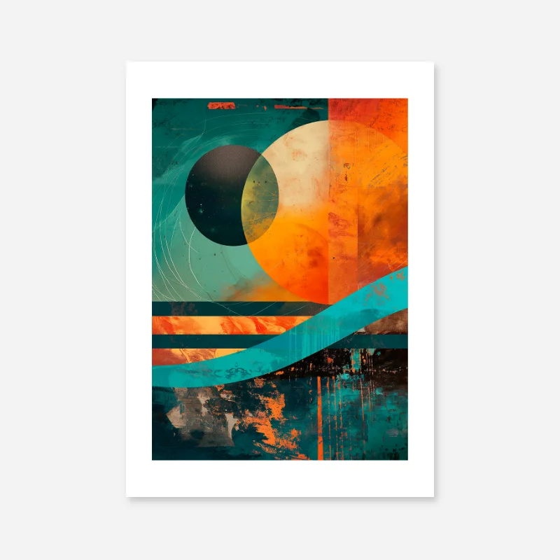 Geometric abstract art print in green teal orange and black colours