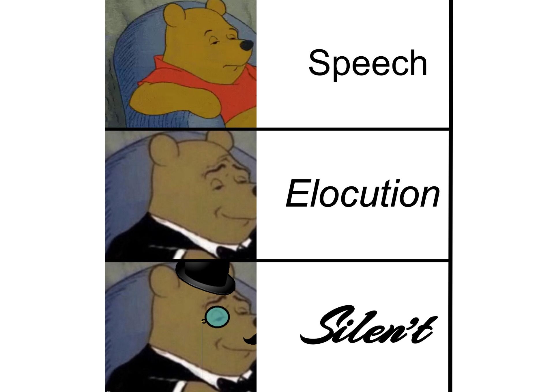 A Fancy Pooh meme using cursive text in the bottom frame.