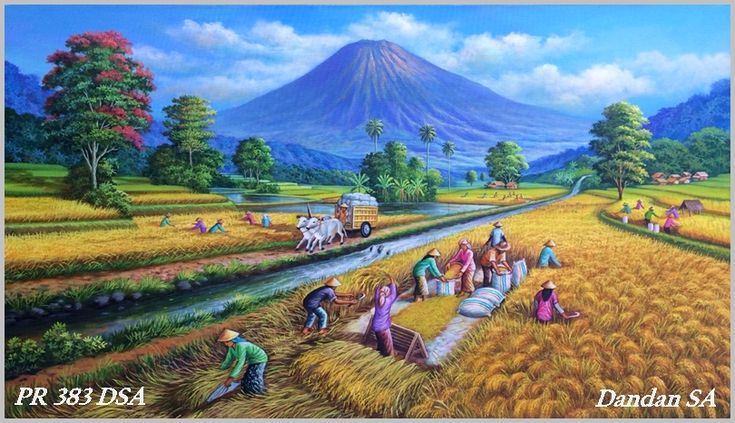 Lukisan Pemandangan Sawah Dan Petani