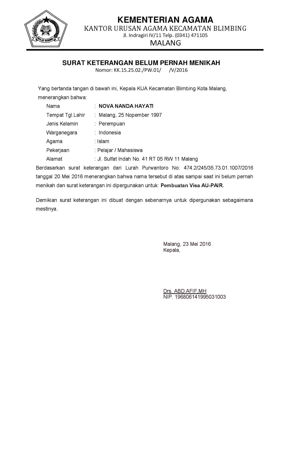 Surat Keterangan Menikah