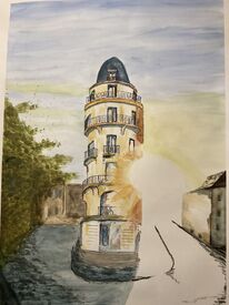 Sonnenlicht, Stadt, Straße, Aquarell