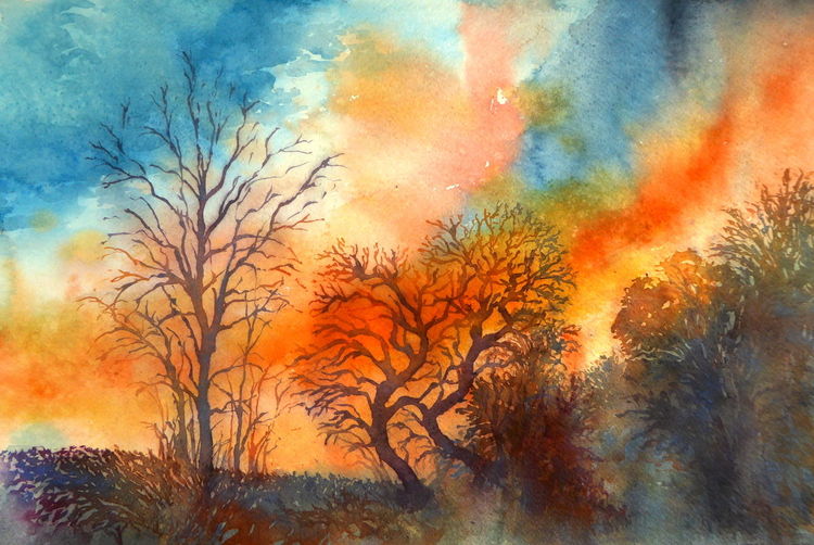 Baum, Herbst, Sonnenuntergang, Aquarellmalerei