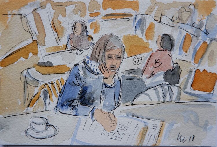 Menschen, Café, Sudoku, Aquarellmalerei