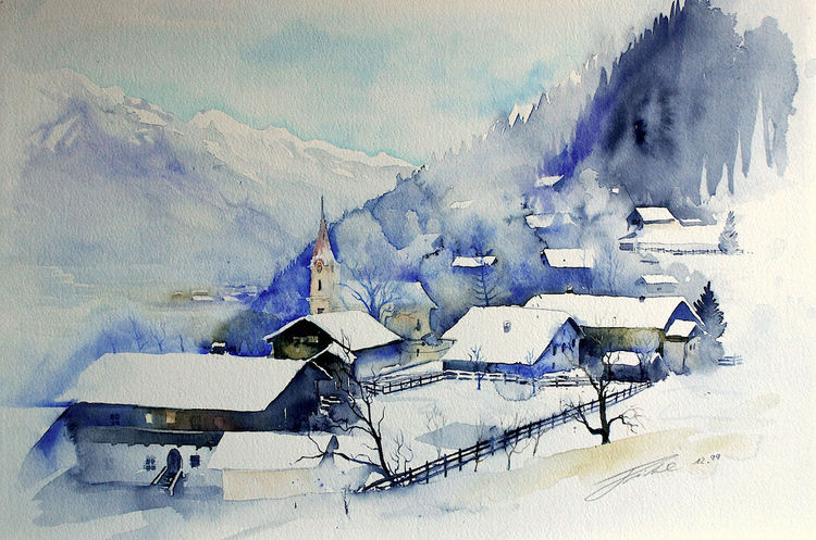 Winterlandschaft, Salzburg, Winter, Aquarell