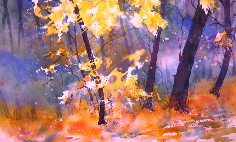 Herbst, Nebel, Wald, Aquarellmalerei