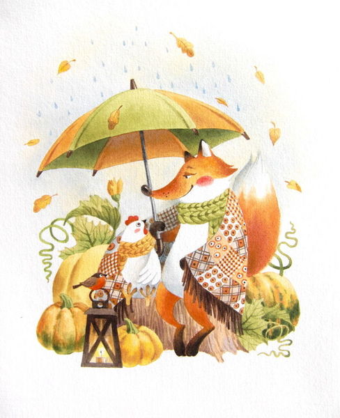 Fuchs, Kürbis, Herbst, Aquarell