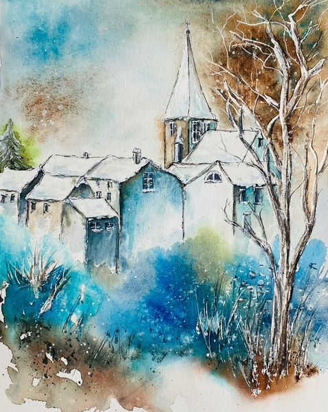 Dorf, Zweig, Aquarell, Winter