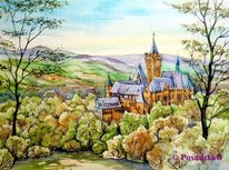 Harz, Schloss, Wernigerode, Aquarell