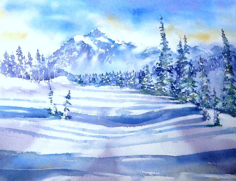 Alpen, Schnee, Aquarell, Schneebedeckt