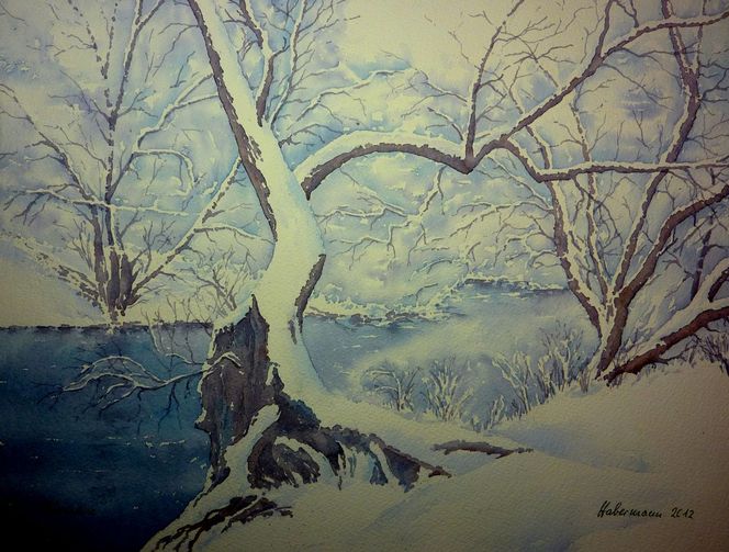 Schnee, Aquarell, Fluss, Baum