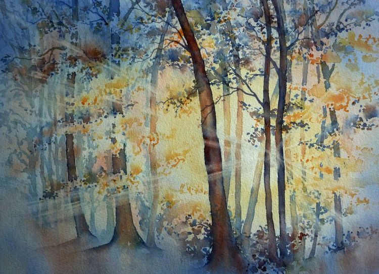 Aquarellmalerei, Aquarell, Herbstlicht, Trees bäume