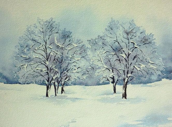 Baum, Landschaft, Schnee, Aquarell