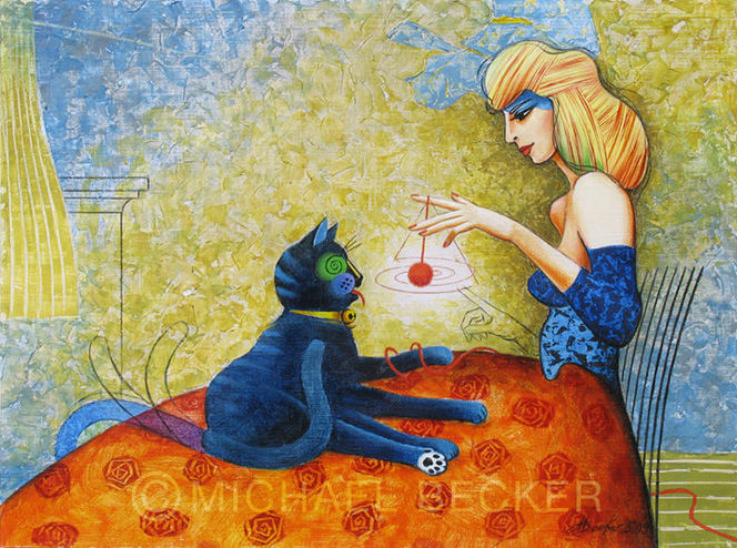 Katze, Frau, Wollknäuel, Acrylmalerei