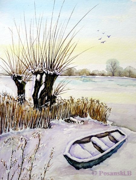 See, Boot, Kopfweide, Aquarell