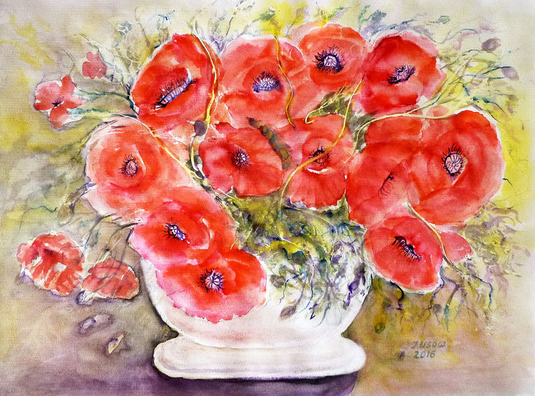 Aquarell, Stillleben, Blumenmalerei, Mohnblumen