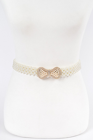 Elastic Pearl Waist Belt W/Ribbon Buckle