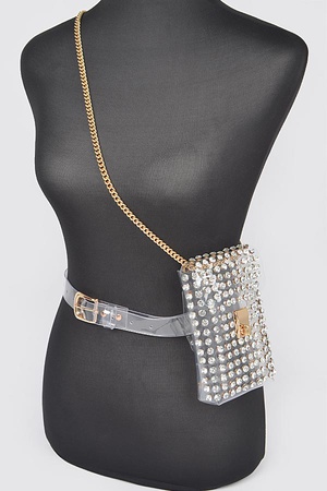 Rhinestone Clear Belt Bag W/Chain