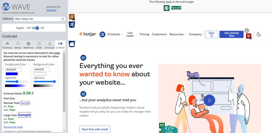#Wave accessibility results for Hotjar’s homepage, showing whether the text size and contrast meets accessibility standards