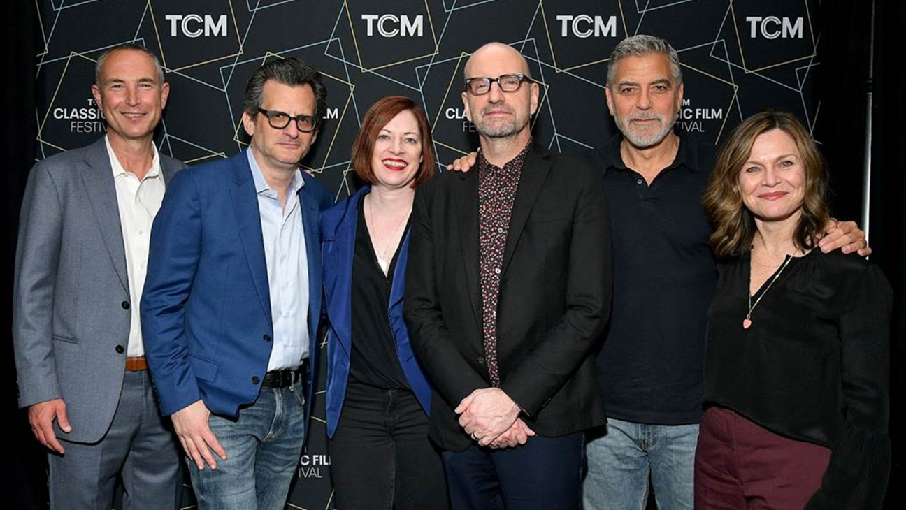 (L-R) Senior Vice President, Programming and Content Strategy, Turner Classic Movies, Charles Tabesh; Ben Mankiewicz; Vice President, Enterprises & Strategic Partnerships, Turner Classic Movies Festival Director, TCM Classic Film Festival Genevieve McGillicuddy; Steven Soderbergh; George Clooney; and General Manager, Turner Classic Movies Pola Changnon attend the screening of 'Ocean's Eleven' during the 2023 TCM Classic Film Festival