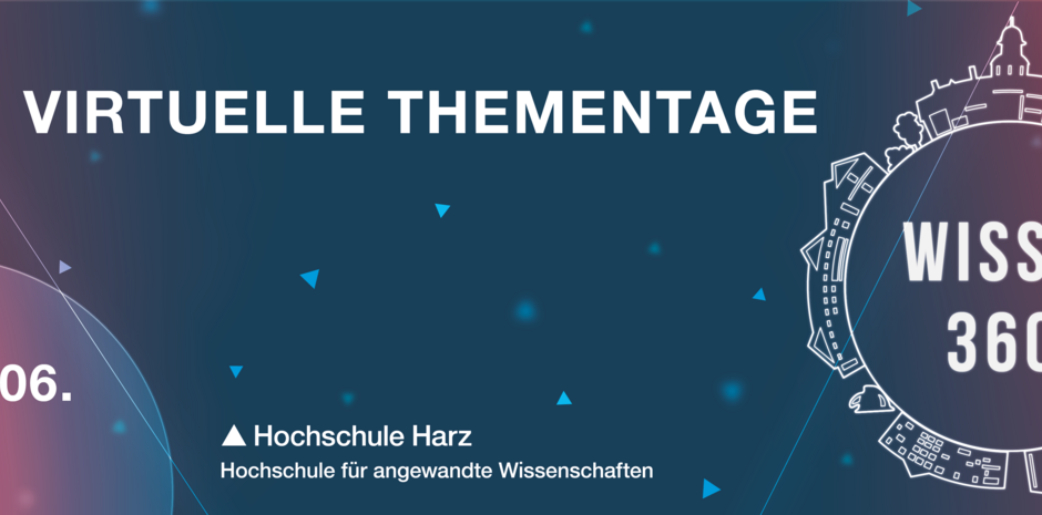 Symbolbild in Blau und Rot mit weißer Schrift Hochschule Harz Veranstaltung Wissen 360 Grad